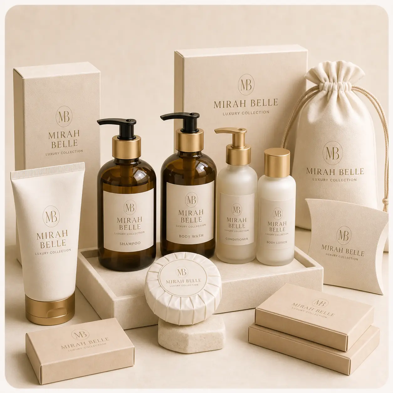 Mirah Belle Luxury Collection set with shampoo and body wash pump bottles, conditioner, body lotion, a tube, a pleated soap and coordinated gift boxes
