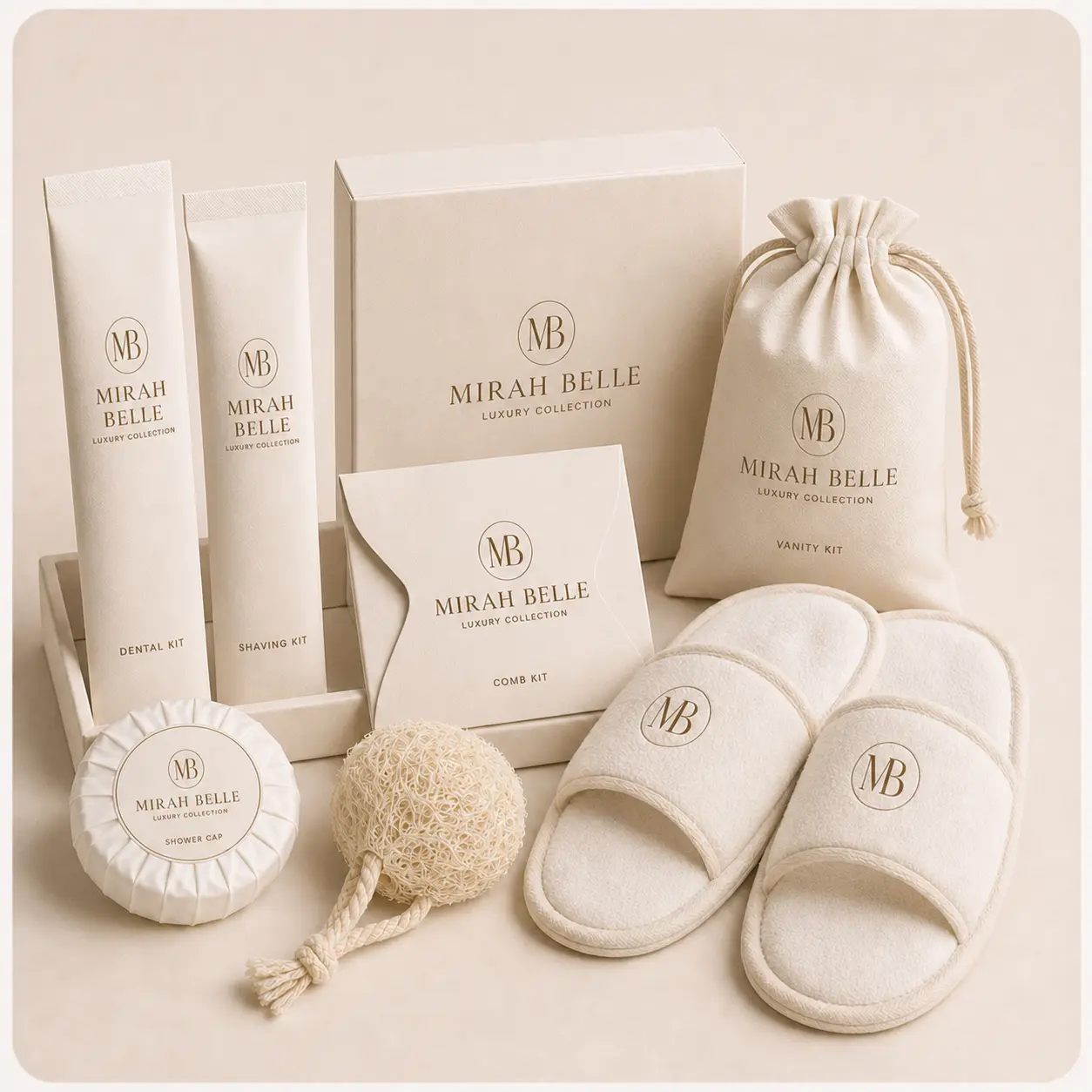 Mirah Belle guest amenity kits including dental kit, shaving kit, comb kit, vanity kit pouch, shower cap, loofah and branded slippers