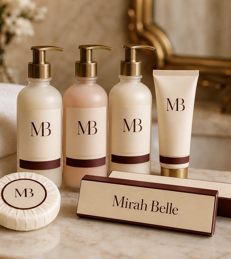 Mirah Belle branded hotel amenities on a marble bathroom counter: frosted pump bottles of shampoo, conditioner and body wash, a body lotion tube, a pleated guest soap and an amenity box