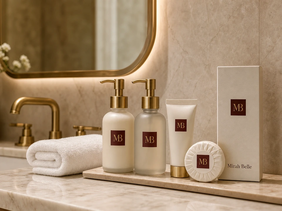 Custom-branded Mirah Belle pump bottles, a body lotion tube and a pleated guest soap on a marble hotel vanity beside a rolled towel and an amenity carton