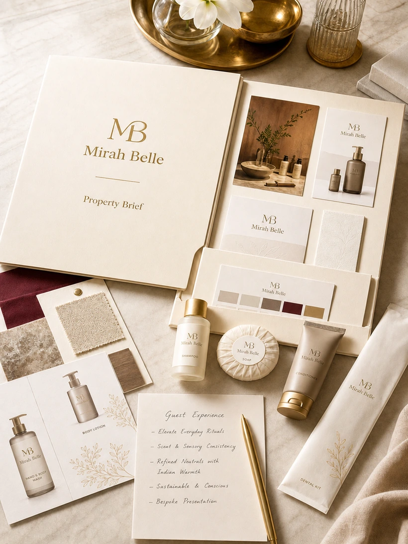 Mirah Belle property brief dossier opened for a hotel purchase team, with fabric and finish swatches, colour cards, product sheets and sample shampoo, soap, conditioner and dental kit