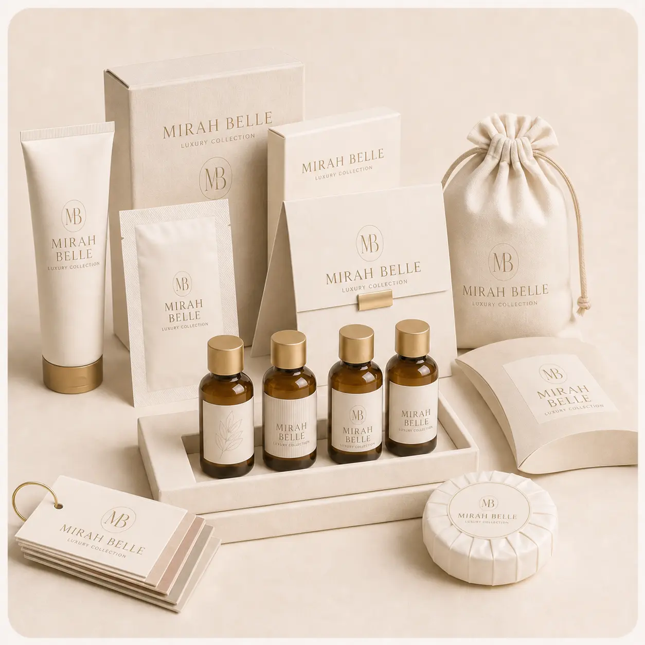 Private-label Mirah Belle amenity range with tube, sachet, presentation boxes, drawstring pouch, amber bottles, pleated soap and label swatch cards