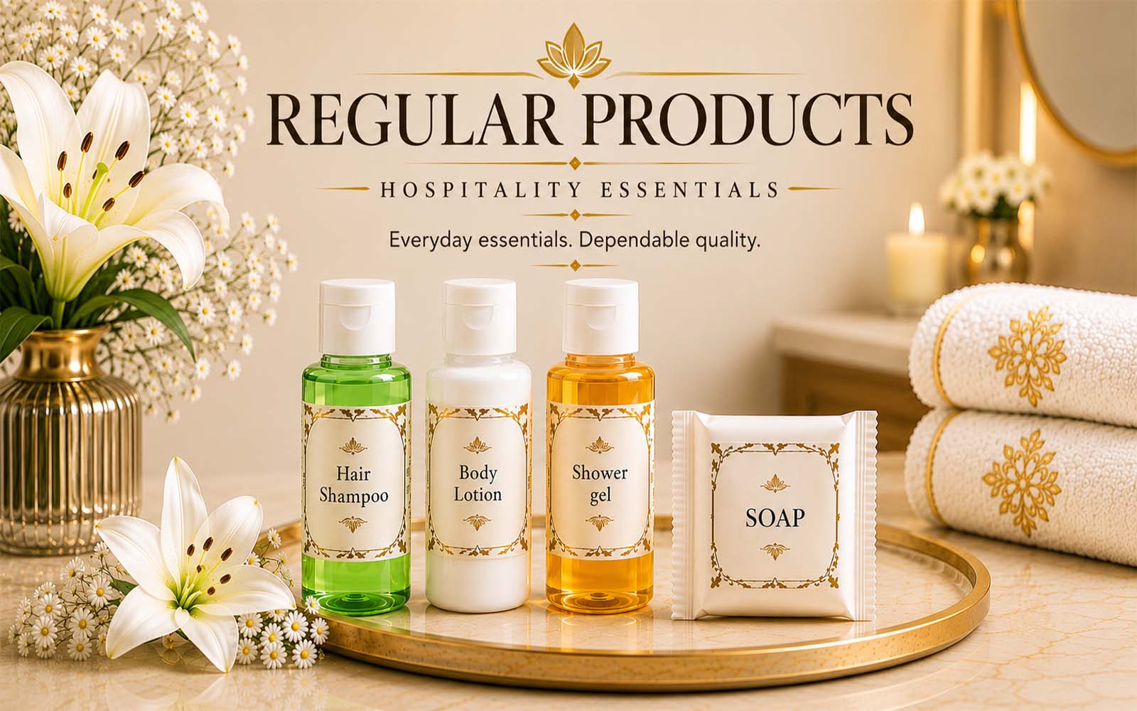 Mirah Belle regular hotel toiletries arranged for everyday guest room supply
