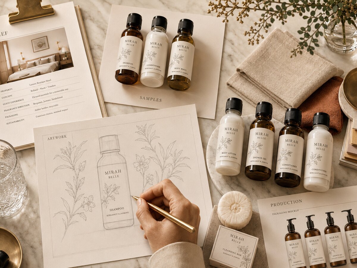 Mirah Belle hospitality property consultation desk with amenity samples, property brief, artwork references and quotation notes