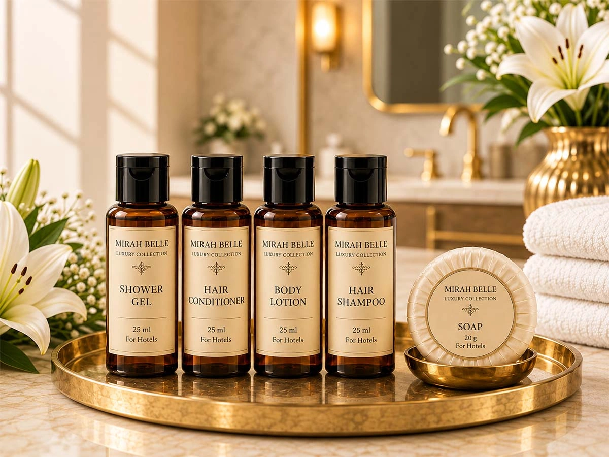 Four Mirah Belle Noir Oud 25 ml amber PET hotel amenity bottles