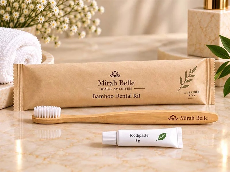 Premium bamboo hotel dental kit in a kraft box