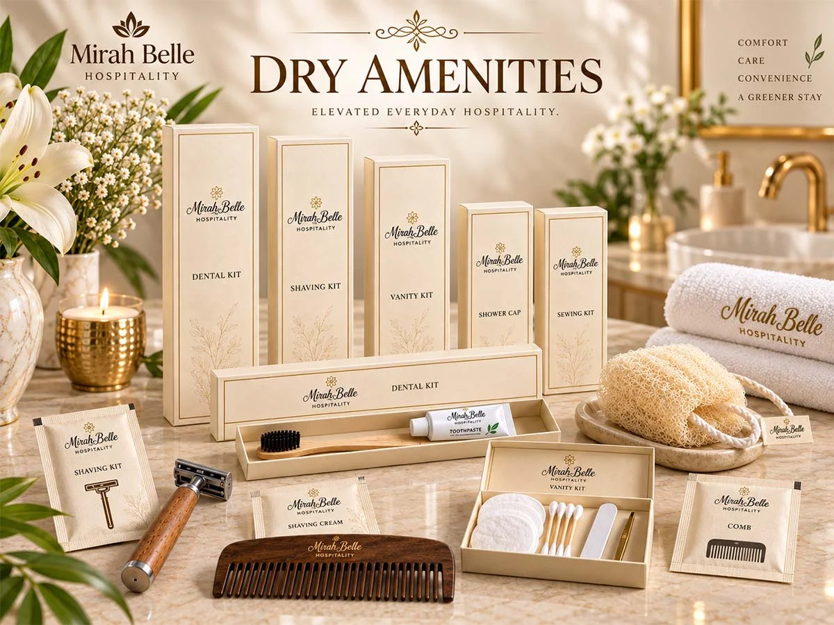 Complete Mirah Belle premium hotel amenity kit with toiletries, soap and dry amenities