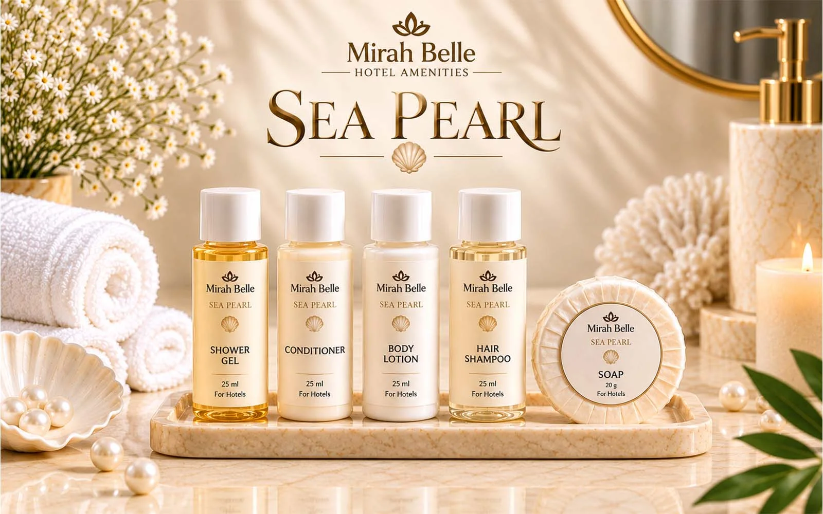 Mirah Belle Sea Pearl and Noir Oud 25 ml premium hotel amenities with kraft-box dry amenities