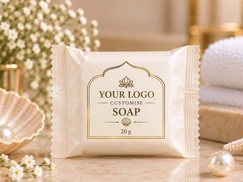 Custom-logo 20 g hotel guest soap pouch showing a private-label wrapper design