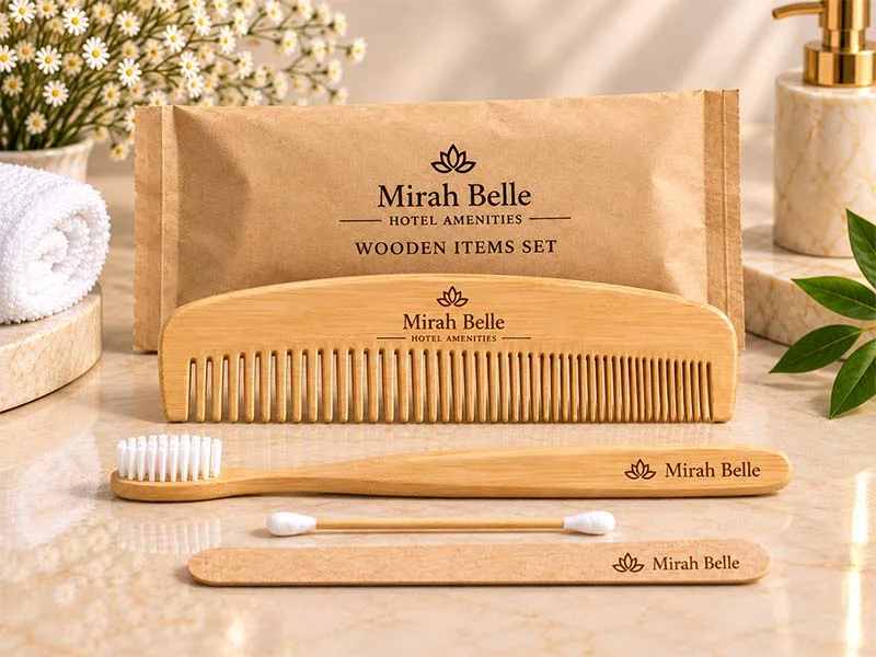 Premium wooden hotel amenities set in a kraft box