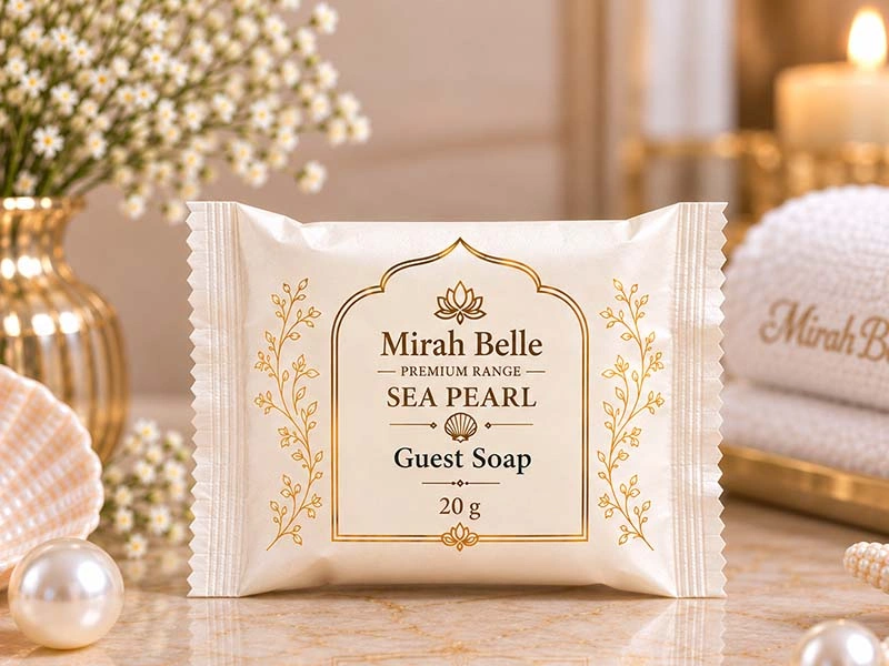 Mirah Belle Sea Pearl 20 g round guest soap in pouch and box formats