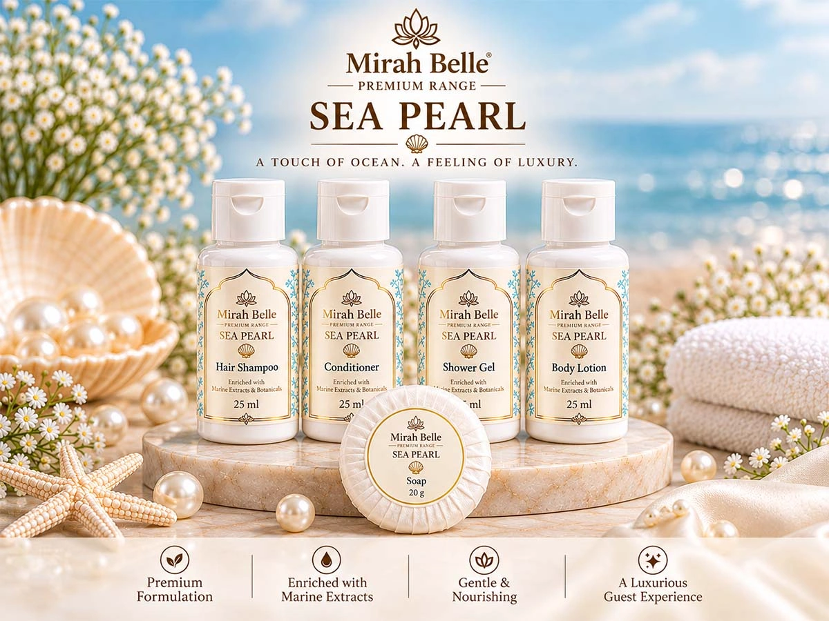 Four Mirah Belle Sea Pearl 25 ml hotel amenity bottles