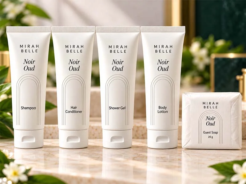Mirah Belle white hotel amenity tubes of shampoo, hair conditioner, shower gel and body lotion with a guest soap