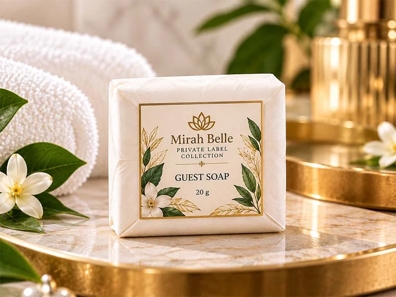 Pleated 20 g guest soap in a private-label wrapper on a marble vanity tray