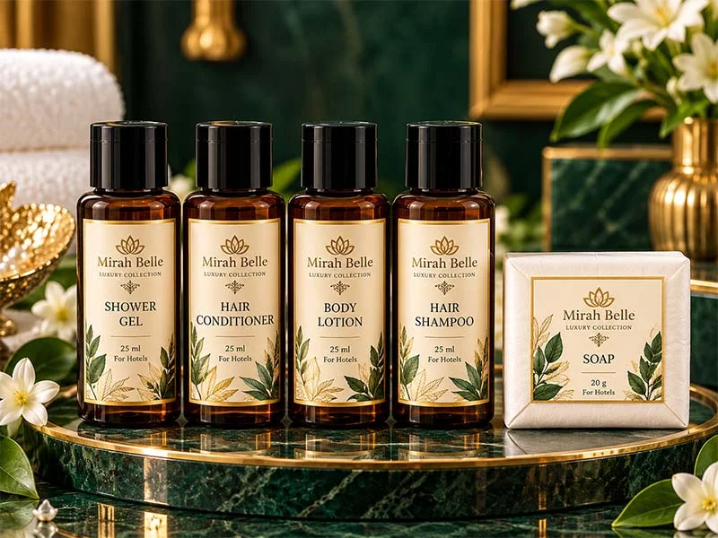 Noir Oud 25 ml amber bottles of shower gel, hair conditioner, body lotion and hair shampoo with a guest soap