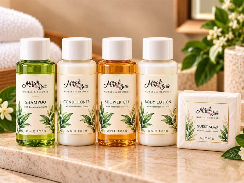 Mirah Belle Regular Range 30 ml shampoo, conditioner, shower gel and body lotion bottles with a guest soap