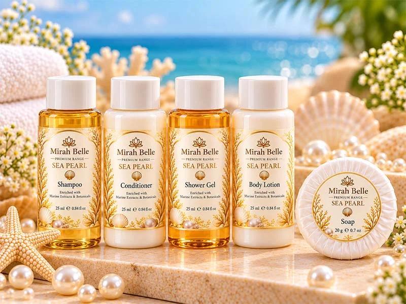 Sea Pearl 25 ml shampoo, conditioner, shower gel and body lotion bottles with a round guest soap